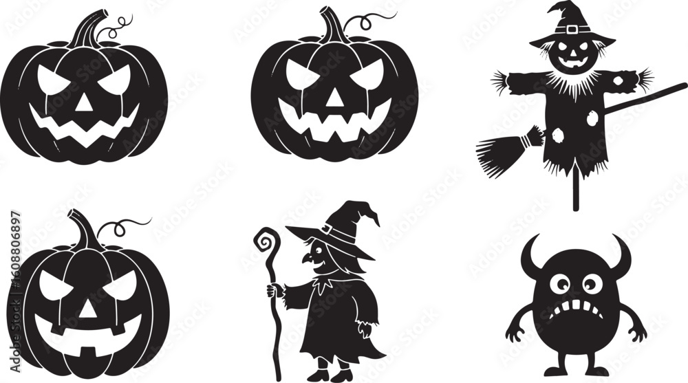 Obraz premium Halloween characters carved pumpkins witch scarecrow monster, halloween, pumpkin, jack o lantern, scarecrow, witch, monster, spooky, creepy, holiday, autumn, fall, celebration, decoration, silhouette,