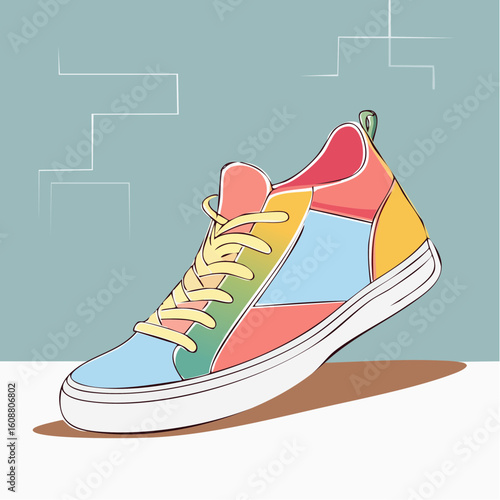 Single one line drawing a pair of sneakers. Trendy canvas shoes in vibrant colors