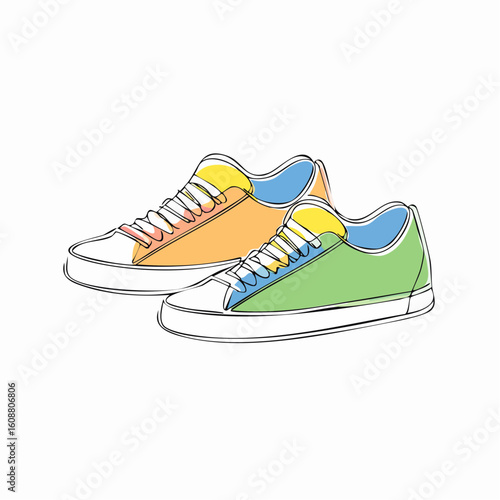 Single one line drawing a pair of sneakers. Trendy canvas shoes in vibrant colors