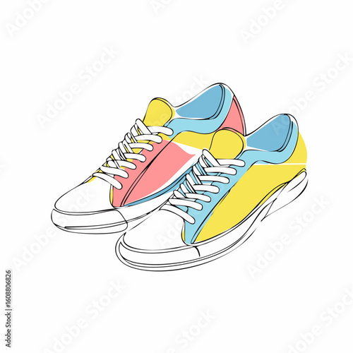 Single one line drawing a pair of sneakers. Trendy canvas shoes in vibrant colors