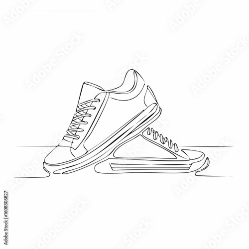 Single one line drawing a pair of sneakers. Trendy canvas shoes in vibrant colors