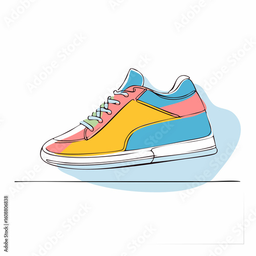 Single one line drawing a pair of sneakers. Trendy canvas shoes in vibrant colors