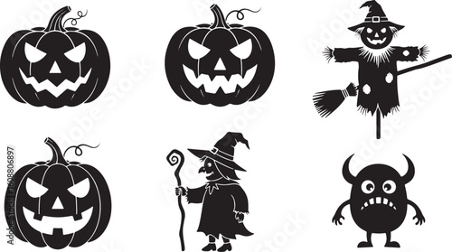 Halloween characters carved pumpkins witch scarecrow monster, halloween, pumpkin, jack o lantern, scarecrow, witch, monster, spooky, creepy, holiday, autumn, fall, celebration, decoration, silhouette,