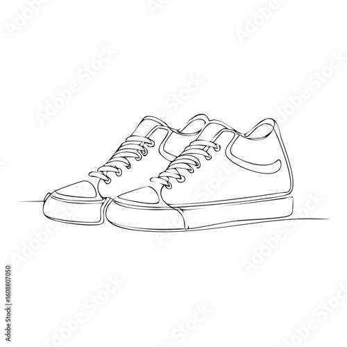 Single one line drawing a pair of sneakers. Trendy canvas shoes in vibrant colors