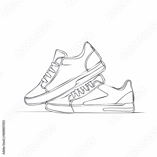 Single one line drawing a pair of sneakers. Trendy canvas shoes in vibrant colors