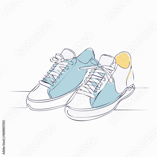 Single one line drawing a pair of sneakers. Trendy canvas shoes in vibrant colors