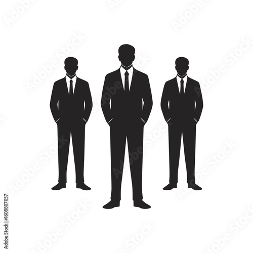 Three businessmen standing with hands in pockets three men