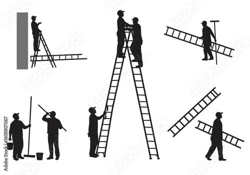 Silhouette illustrations of workers using ladders for painting, cleaning, and carrying tasks in various poses.