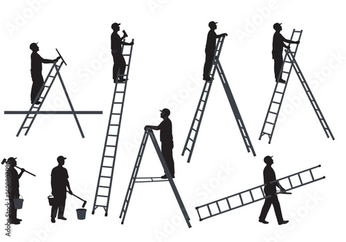 Silhouette illustrations of men using various types of ladders for painting, construction, and carrying purposes, depicted against a white background.