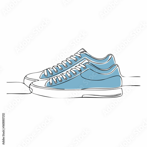 Single one line drawing a pair of sneakers. Trendy canvas shoes in vibrant colors