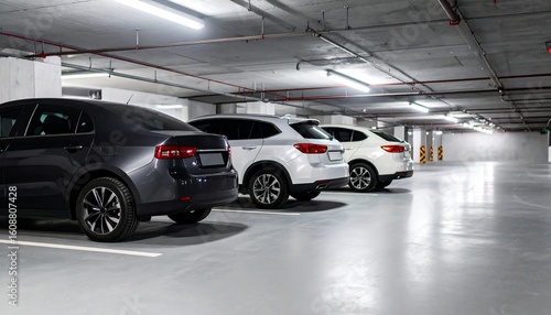 Fototapeta Naklejka Na Ścianę i Meble -  Various parked cars aligned in a row inside an underground basement parking garage with dim lighting and concrete structure surroundings