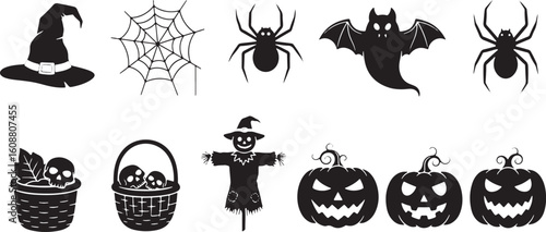 Halloween icons witch hat spider web bat scarecrow pumpkins, halloween, witch hat, spider web, spider, bat, ghost, scarecrow, pumpkin, jack o lantern, skulls, basket, black, white, spooky, creepy, hol