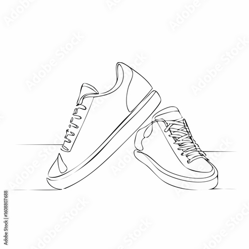 Single one line drawing a pair of sneakers. Trendy canvas shoes in vibrant colors