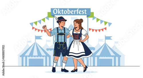 Oktoberfest Celebration Vector Illustration with Couple Wearing Traditional Bavarian Clothes Blue Tent Background and Festive Bunting Design