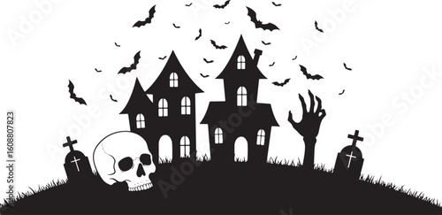 Haunted Houses Bats Skull Graveyard halloween, halloween, haunted house, bats, skull, graveyard, cemetery, tombstone, creepy, spooky, dark, night, silhouette, horror, scary, gothic, illustration, vect