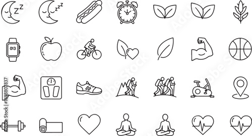 Health and fitness icons sleep moon, health, fitness, icons, sleep, moon, hotdog, alarm clock, leaves, apple, cycling, heart, muscle, basketball, smartwatch, scale, shoe, hiking, exercise bike, locati