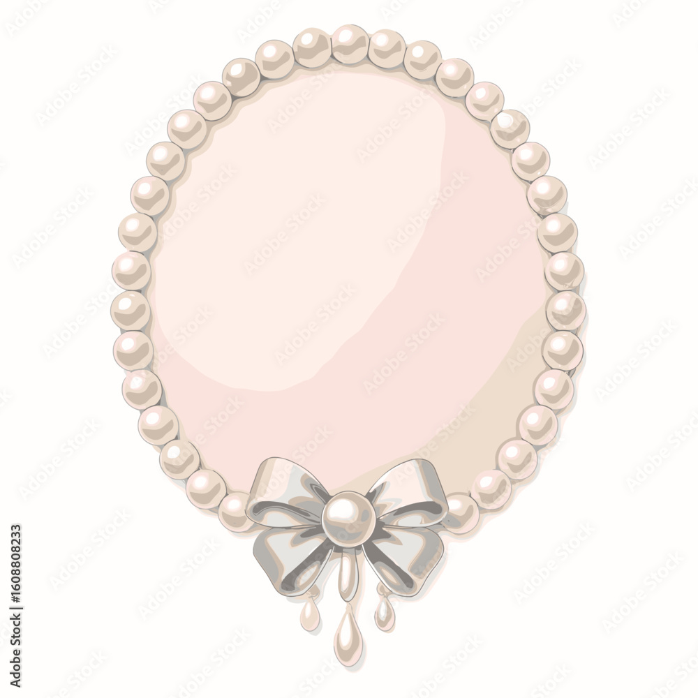 Obraz premium Elegant Pearl Frame with Silver Bow – Pastel Oval Label for Invitation or Scrapbook Design