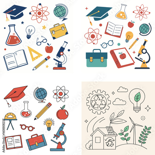 Seamless pattern with education and school icons, symbols, and illustrations of a pencil, pen, book, and computer
