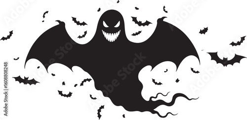 Scary ghost with bats halloween spooky, halloween, ghost, scary, bats, spooky, night, dark, creature, monster, supernatural, flying, silhouette, black, white, illustration, horror, creepy, evil, haunt