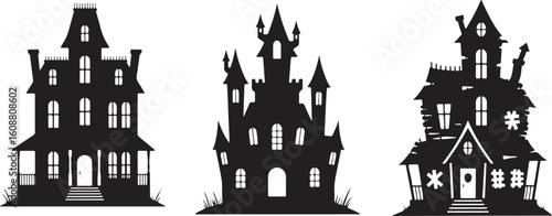 Spooky haunted houses silhouettes gothic architecture, haunted house, spooky, silhouette, gothic, architecture, castle, mansion, halloween, scary, creepy, dark, black, white, vector, illustration, bui