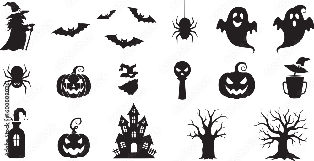 Obraz premium Halloween icons witch bats spiders ghosts pumpkins haunted house trees, halloween, witch, bats, spiders, ghosts, pumpkins, haunted house, trees, black, silhouette, spooky, creepy, holiday, celebration