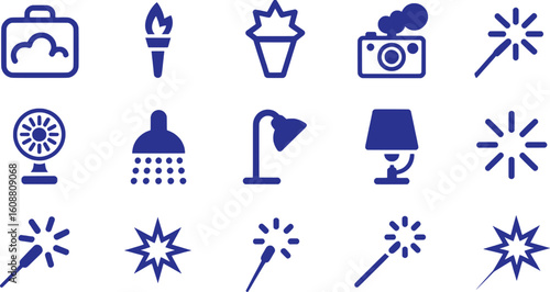Collection of blue icons depicting travel luggage torch starburst camera fan shower desk lamp and sparklers