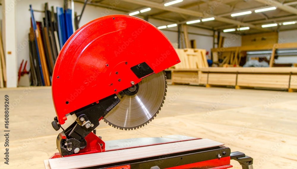 Fototapeta premium Professional red circular saw machine for cutting wood in a modern carpentry workshop with lumber in the background.
