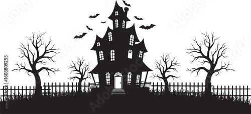 Spooky haunted house with bats and bare trees halloween, halloween, haunted house, spooky, bats, night, creepy, scary, silhouette, trees, bare trees, fence, grass, gothic, architecture, illustration, 