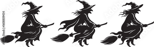 Three witches flying on broomsticks vector, witch, witches, flying, broomstick, broom, silhouette, black, white, halloween, costume, magic, fantasy, spooky, night, folklore, character, creature, vinta