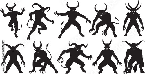 Black demonic figures with horns and claws devil monster, demon, devil, monster, silhouette, black, horns, claws, fangs, tail, creature, fantasy, horror, evil, dark, mythical, supernatural, menacing, 