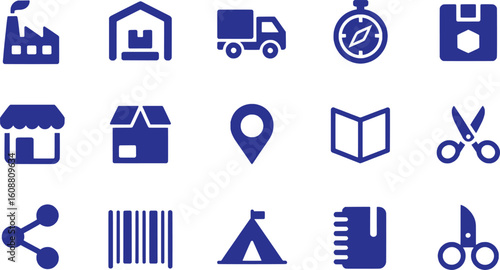 Collection of blue logistic and business icons vector silhouette