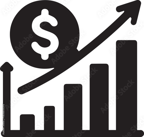 Revenue Icon – Black and White Minimalist Dollar and Bar Graph Vector Illustration