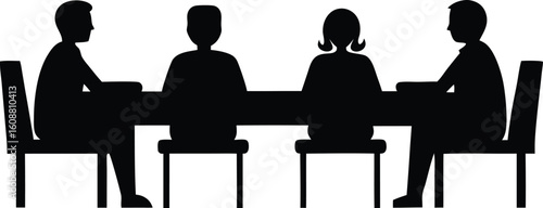 Group of people sitting around a long table, Sitting table flat silhouette vector. a group of six people sitting around a long table.
