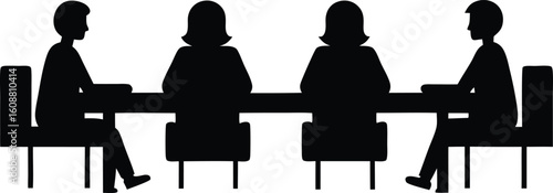 Group of people sitting around a long table, Sitting table flat silhouette vector. a group of six people sitting around a long table.
