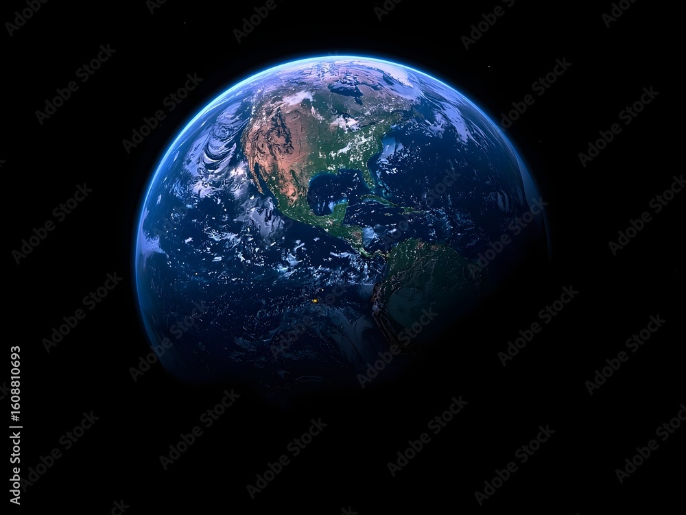Fototapeta premium Stunning view of Earth’s curvature from space, illuminated city lights glowing in the night, showcasing the planet’s atmosphere, continents, and the serene vastness of the surrounding cosmos.