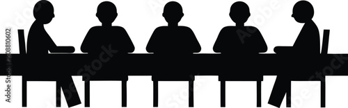 Group of people sitting around a long table, Sitting table flat silhouette vector. a group of six people sitting around a long table.
