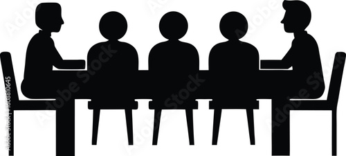 Group of people sitting around a long table, Sitting table flat silhouette vector. a group of six people sitting around a long table.

