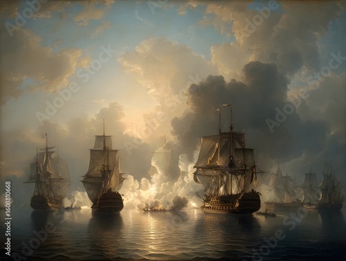 Wallpaper Mural Stormy clouds hover over a dramatic naval battle at dusk. Torontodigital.ca