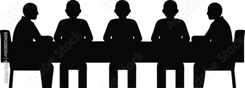 Group of people sitting around a long table, Sitting table flat silhouette vector. a group of six people sitting around a long table.

