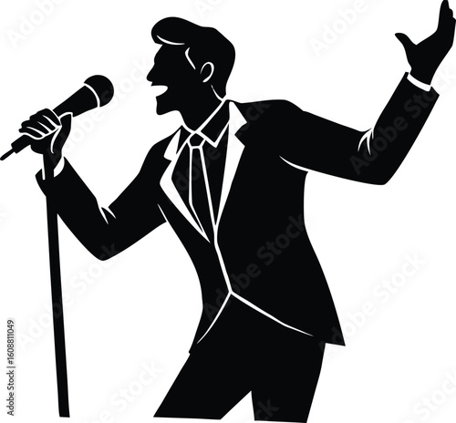 Silhouette of a male vocal quartet singing in suits. silhouette of a man singing with a microphone Vector illustration

