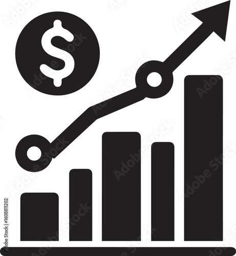 Revenue Icon – Black and White Minimalist Dollar and Bar Graph Vector Illustration