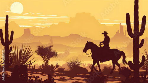 Lone Rider in the Desert: A lone rider traverses the vast, arid landscape, silhouetted against the warm, golden hues of a setting sun and the rugged terrain of the desert.