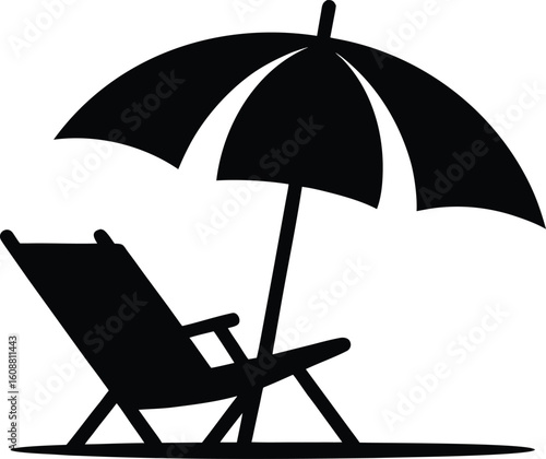 Black and white beach umbrella and lounge chair vector icon