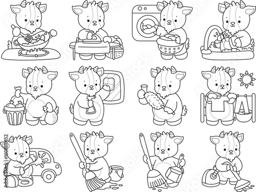 Coloring pages of cute goat animal icon stickers.