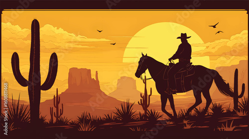 Silhouette of a Cowboy: An evocative image showcases a cowboy silhouetted against a setting sun, astride a horse, journeying through a rugged desert landscape, with cacti.