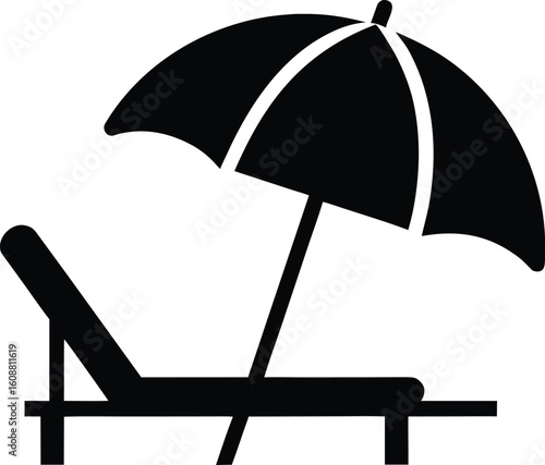 Black and white beach umbrella and lounge chair vector icon