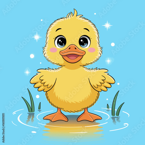 A cute yellow duckling splashes happily in clear water, its wings stretched out and a joyful smile, evoking feelings of innocence and delight in a playful lake setting.