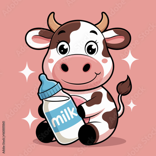 A charming illustration of a cute cow happily holding a bottle labeled 'milk', radiating warmth and innocence, perfect for children's themes.