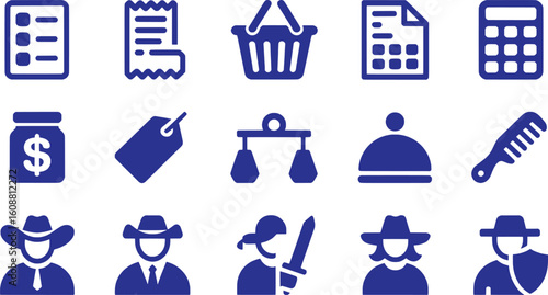 Diverse blue icons representing commerce and people list receipt