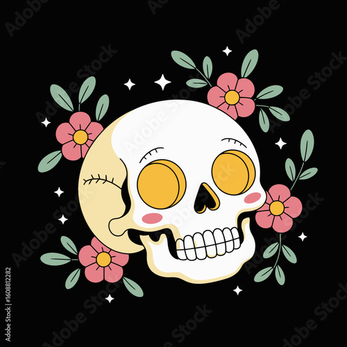 This artistic skull design surrounded by colorful flowers embodies a fusion of life and death, showcasing creativity while inviting viewers to reflect on deeper meanings in life.
